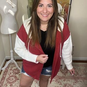Red Sweatshirt material/ cream sleeves jacket